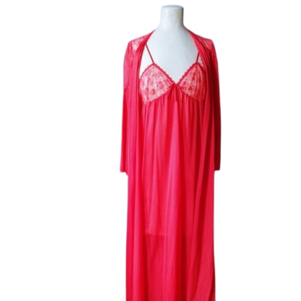 1970s Red Nylon & Lace Vintage Long Nightgown Robe Set Peignoir Undercover Wear